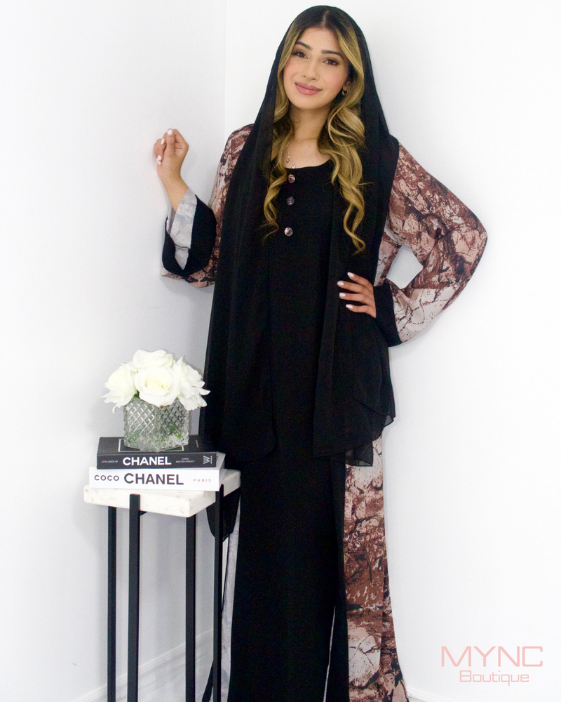 Ruha Abaya in Black/Maroon Marble With Matching Hijab