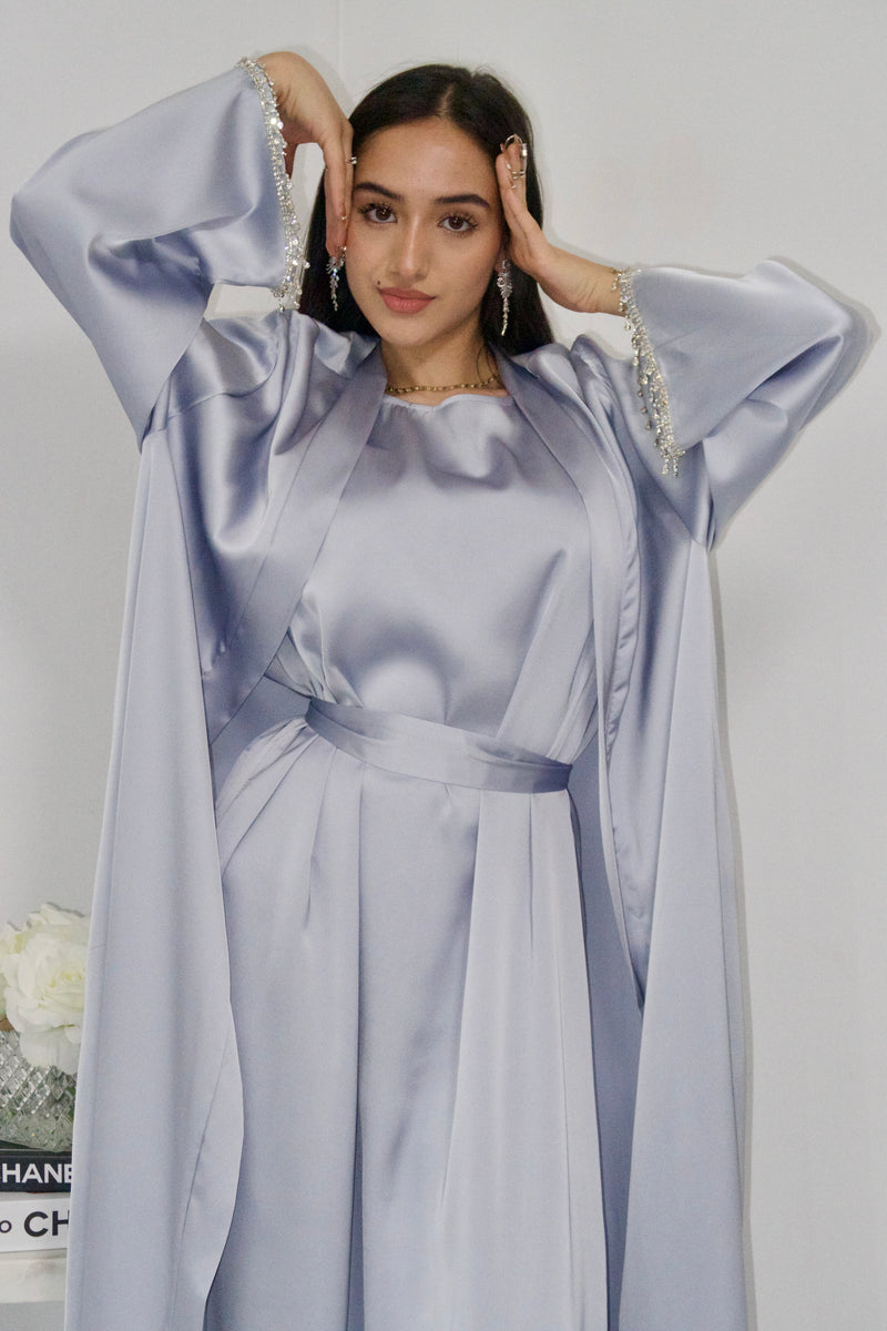 Rehana Crystal Abaya Set in Ice Blue