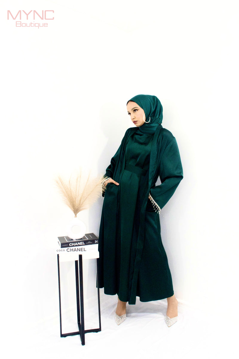 Rehana Crystal Abaya Set in Emerald Green