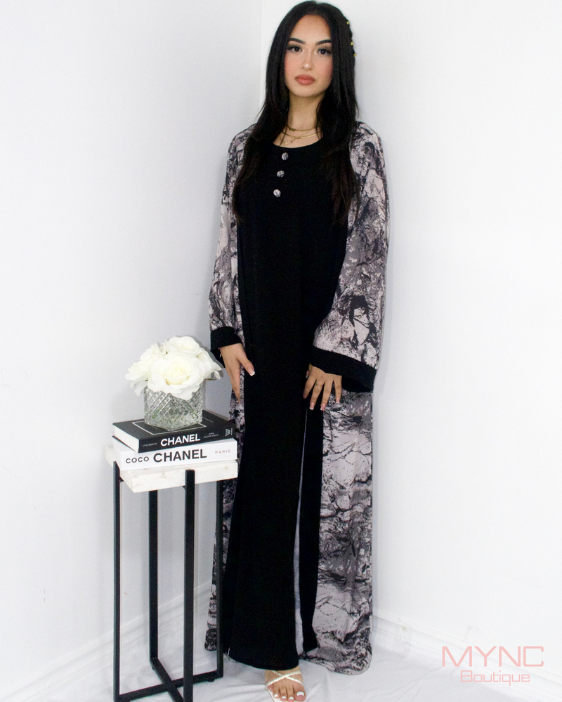 Ruha Abaya in Black/White Marble With Matching Hijab