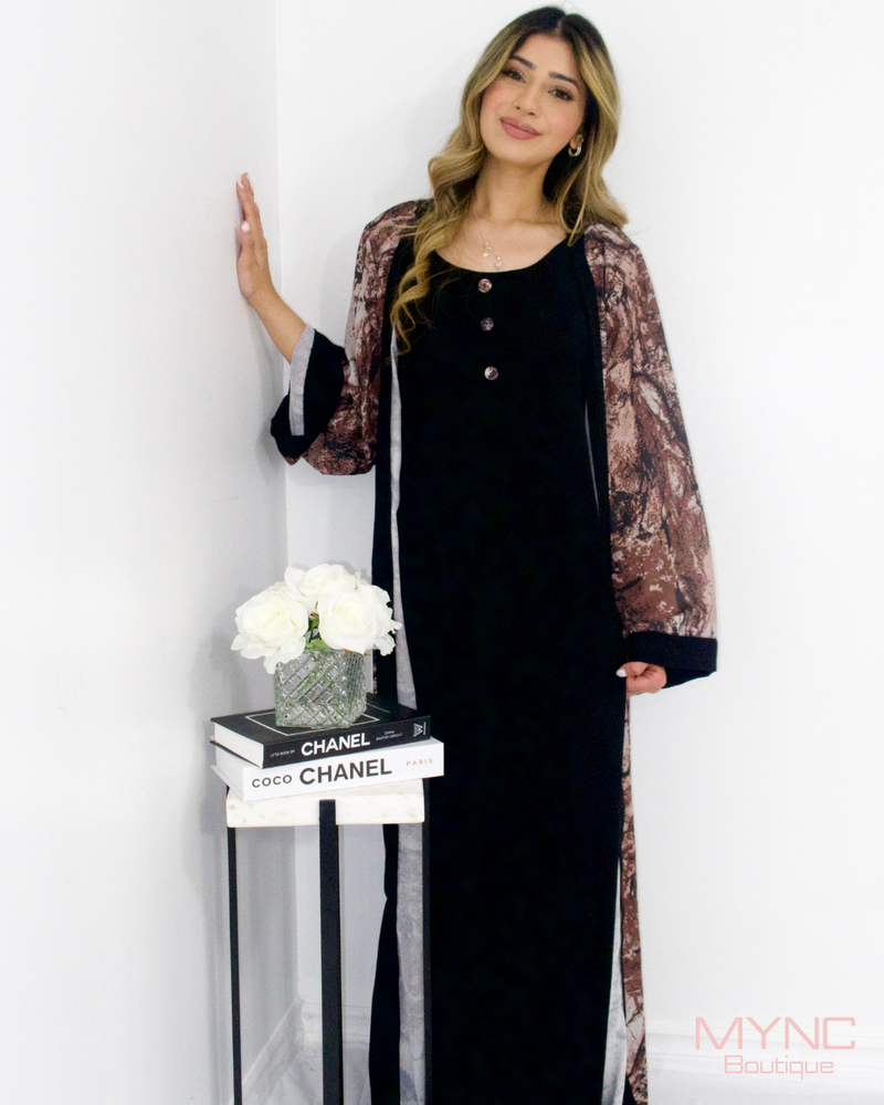 Ruha Abaya in Black/Maroon Marble With Matching Hijab