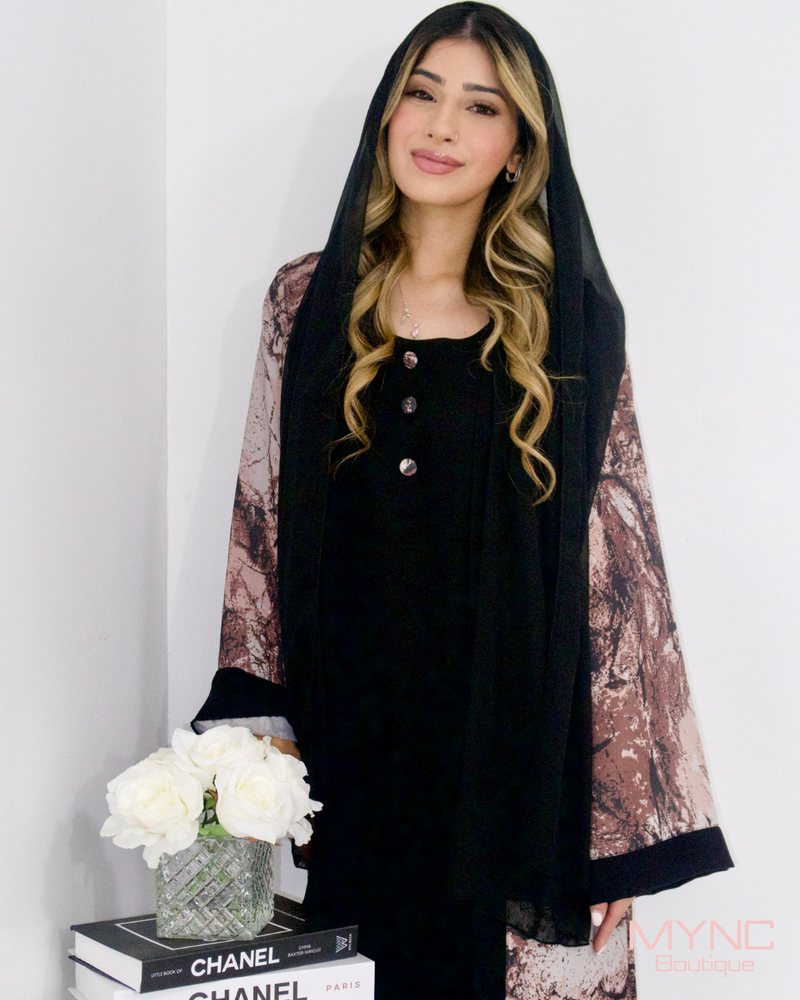 Ruha Abaya in Black/Maroon Marble With Matching Hijab