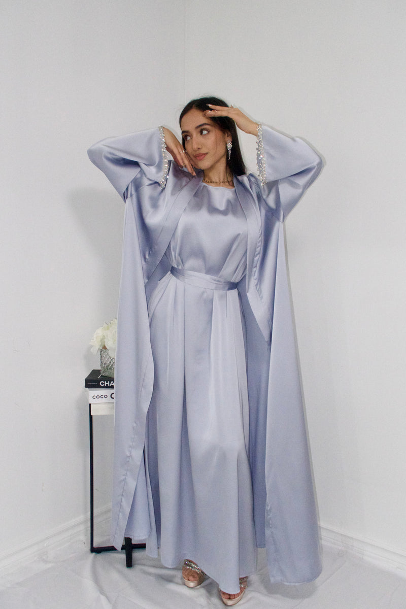 Rehana Crystal Abaya Set in Ice Blue