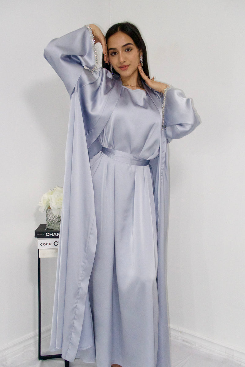 Rehana Crystal Abaya Set in Ice Blue