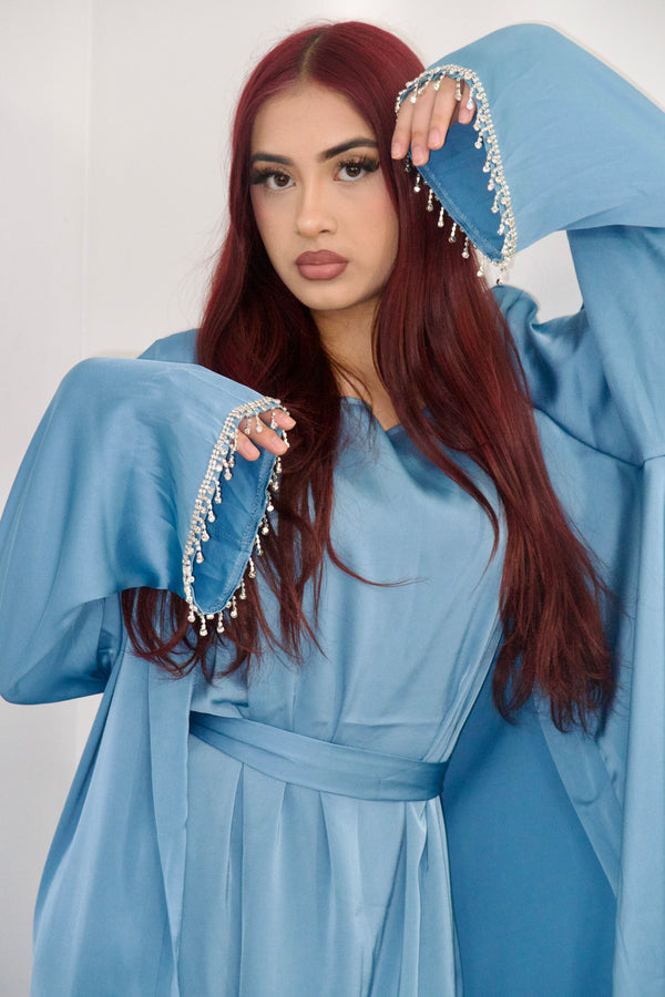 Rehana Crystal Abaya Set in Peacock Blue