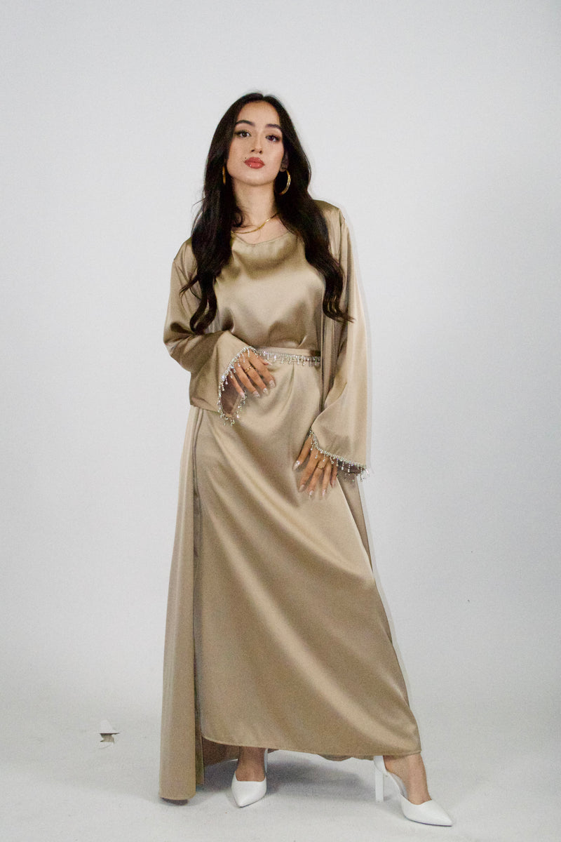 Rehana Crystal Abaya Set in Champagne